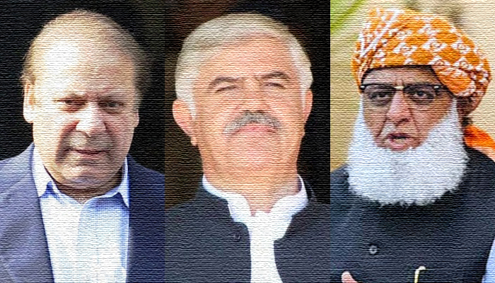 From left: PML-N supremo Nawaz Sharif, PTI-Parliamentarians Mehmood Khan and JUI-F chief Maulana Fazlur Rehman. — Reuters/PID/APP/File