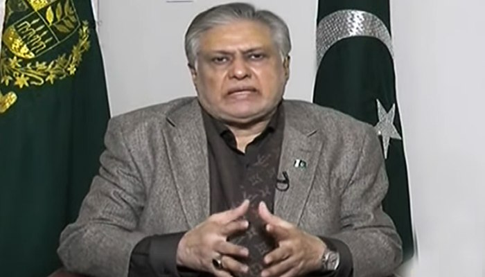PML-N Senator Ishaq Dar speaking on Geo News programme Naya Pakistan in this still taken from a video on January 28, 2024. — YouTube/Geo News