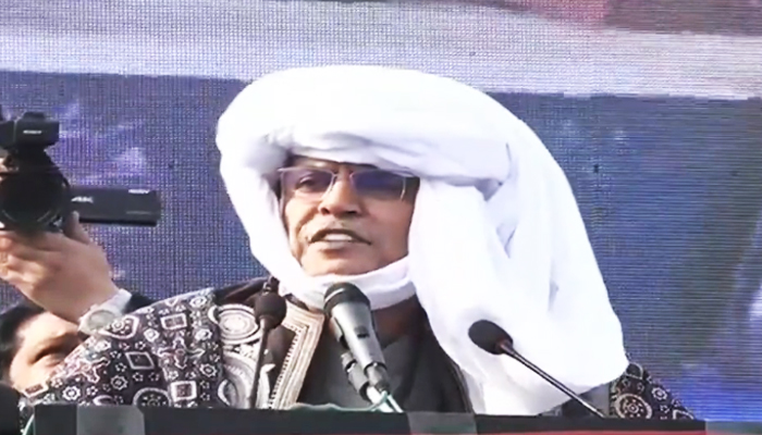 PPP Co-Chairman Asif Ali Zardari addressing a rally in Hub on January 28, 2024, in this image taken from video.  — YouTube/GeoNews