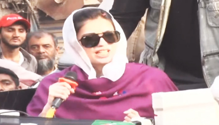 PPP leader Aseefa Bhutto-Zardari addressing a rally in Hub on January 28, 2024, in this image taken from video.  — YouTube/GeoNews
