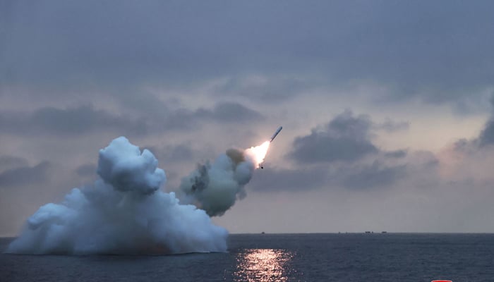 This picture taken on January 28, 2024 shows a test-fire of the submarine-launched strategic cruise missile Pulhwasal-3-31 at an undisclosed location in North Korea. — AFP