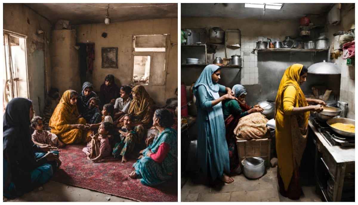 The picture shows women at home (left) and working in the kitchen. — Lok Sujag