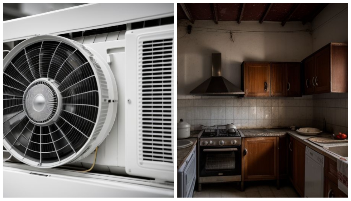 The picture shows an air conditioner (left) and a kitchen. — Lok Sujag