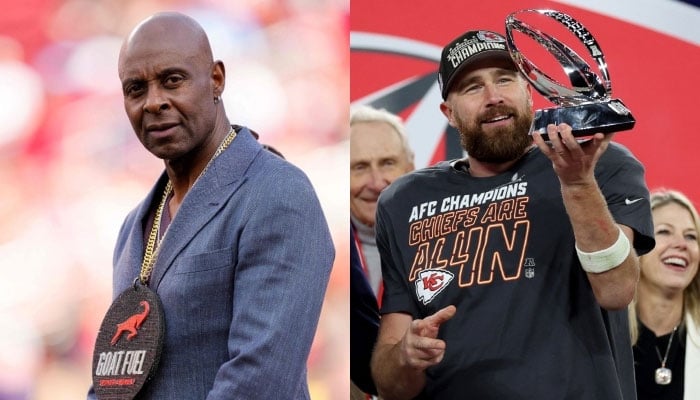 This combination of images shows former San Fransisco wide receiver Jerry Rice (left) and Kansas City Chie tight end Travis Kelce. — AFP