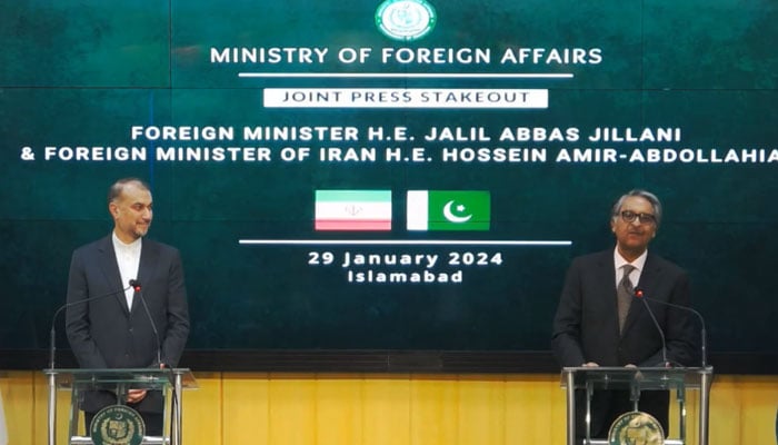 Foreign Minister Jalil Abbas Jilani speaks during a joint presser with his counterpart Hossein Amir-Abdollahian in Islamabad on January 29, 2024, in this still taken from a video. — YouTube/Geo News Live