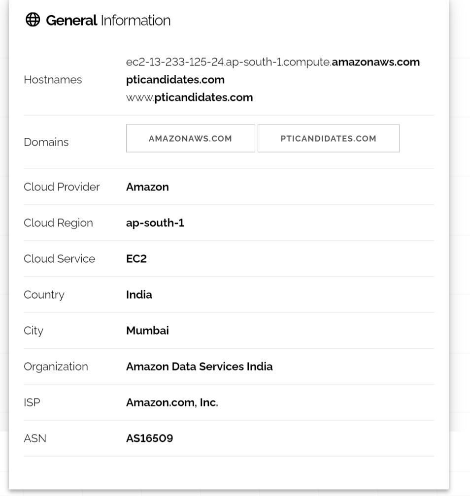 Screenshot provided by MMfD that shows that pticandidates.com is hosted by the US-based Amazon Web Services, which has a server in India.
