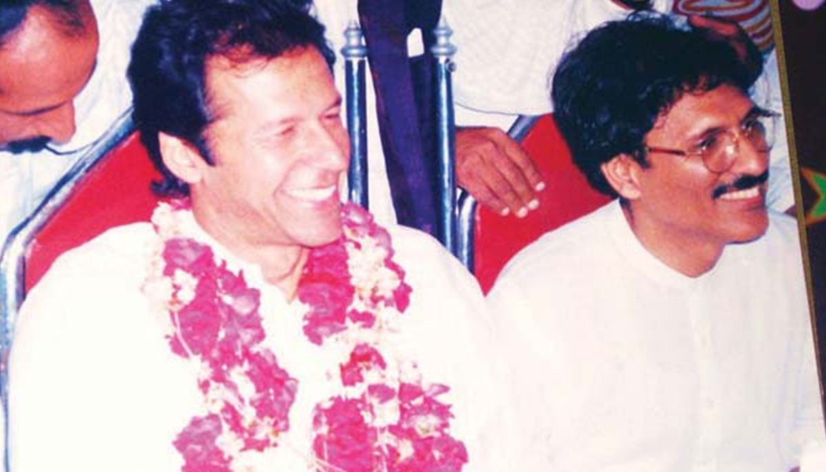 Imran Khan and Dr Arif Alvi at a jalsa in Karachi in 1996. — PTI media cell