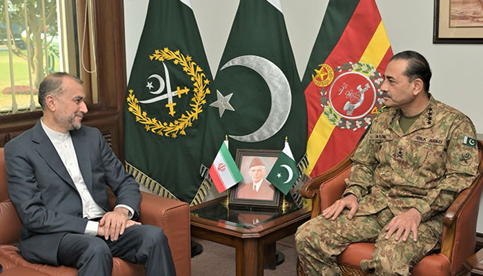 Iranian Foreign Minister Amir Abdollahian calls on Chief of Army Staff (COAS) General Syed Asim Munir at GHQ on January 29, 2024. — ISPR