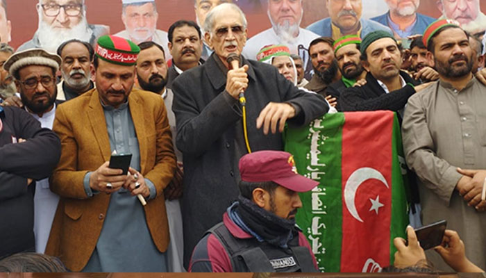 PTI-Parliamentarians Chairman Pervez Khattak addresses an election rally in Kheshgi Payan village of KPs Nowshera district on January 27, 2024. — Facebook/@CMKPOfficial