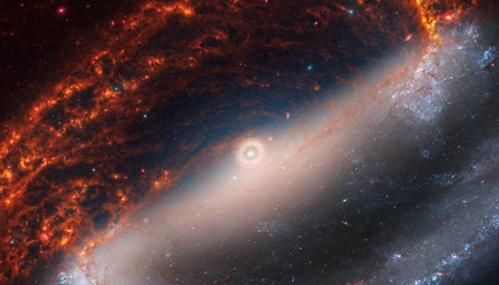 Two observations of the galaxy NGC 1300 are split diagonally, with James Webb Space Telescopes observations at the top left and Hubble’s at the bottom right with the core center, connected to a prominent diagonal bar structure, released on January 29, 2024. — NASA, ESA, CSA, STScI, Janice Lee (STScI), Thomas Williams (Oxford), PHANGS Team