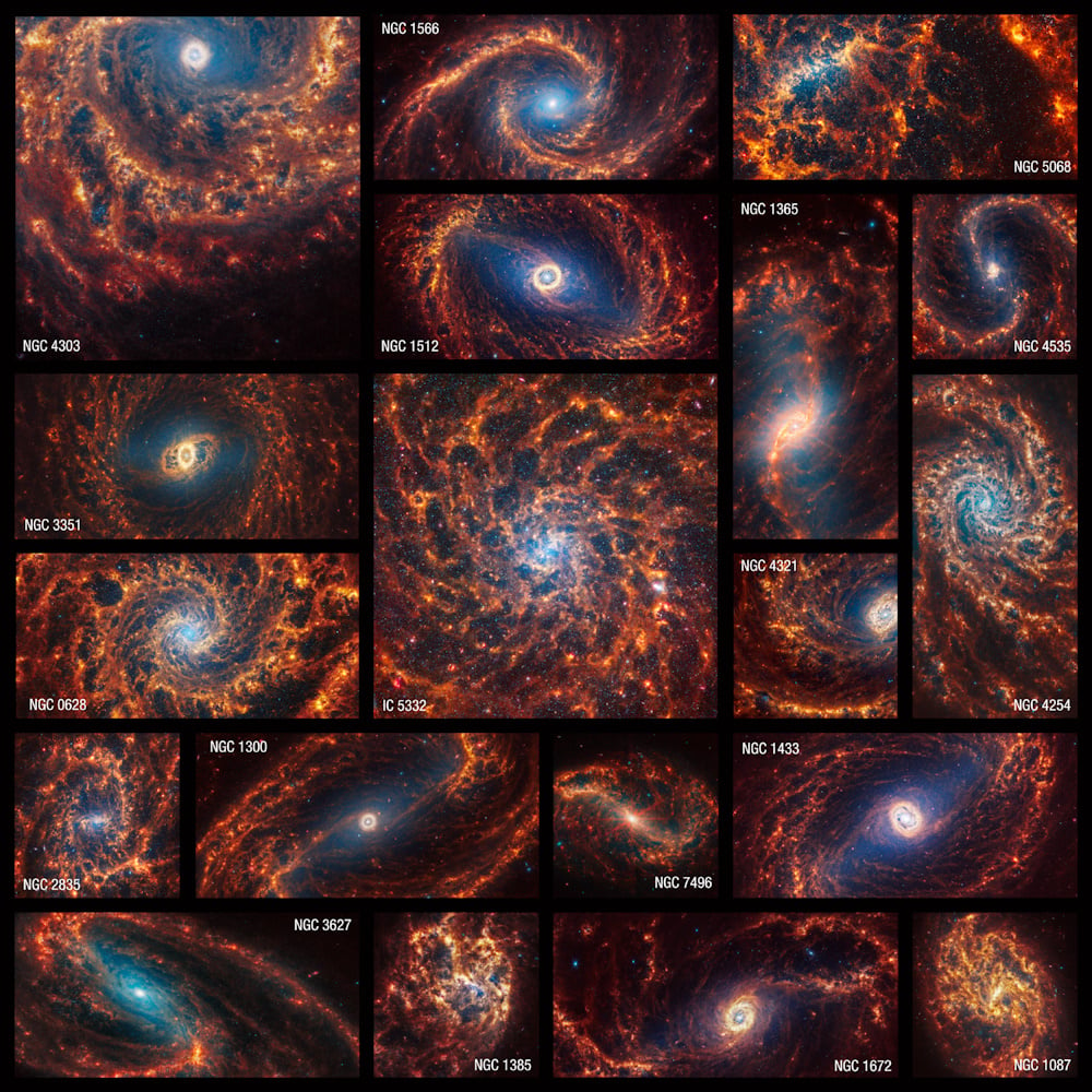 This image released on January 29, 2024, shows the 19 newly captured spiralling galaxies. — James Webb Space Telescope website