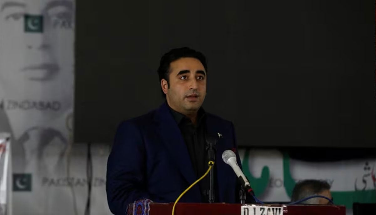 Bilawal Bhutto Zardari, chairman of the Pakistan Peoples Party (PPP), speaks during the launch of the Awami Muashi Muahida (public economic manifesto) in Larkana, Pakistan, on January 16, 2024.—Reuters