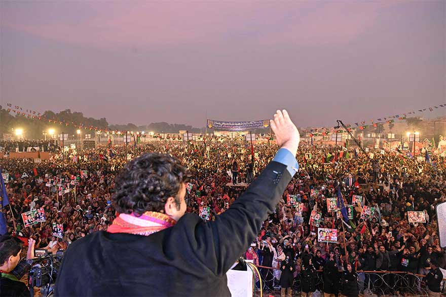 Pakistan Peoples Party (PPP) chairman and prime ministerial candidate Bilawal Bhutto Zardari waves toward supporters during a campaign rally for the 2024 general elections in Khairpur in Sindh province on January 14, 2024. —AFP