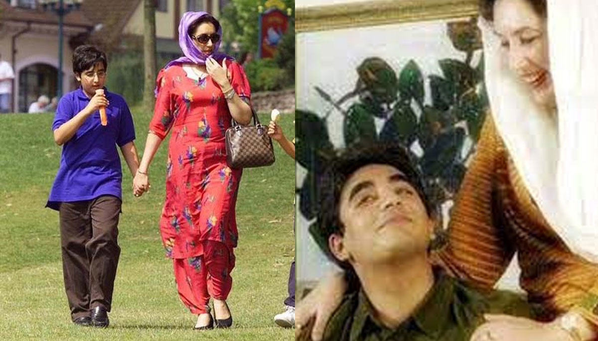 Bilawal Bhutto taking a walk with his mother (L) and sitting with her with her hands on his shoulder (L).—Reuters/X@BBhuttoZardari