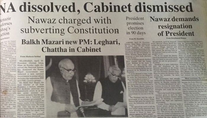 A front page of a newspaper carries news of the dissolution of assemblies in 1993.—The News International