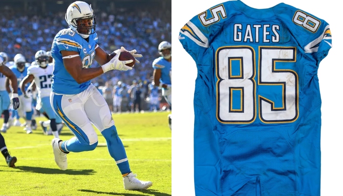 This combination of images shows Los Angeles Chargers tight end Antonio Gates during a game in 2016 and his jersey that was sold for $7,320 at auction. — USA Today, Goldin Auctions