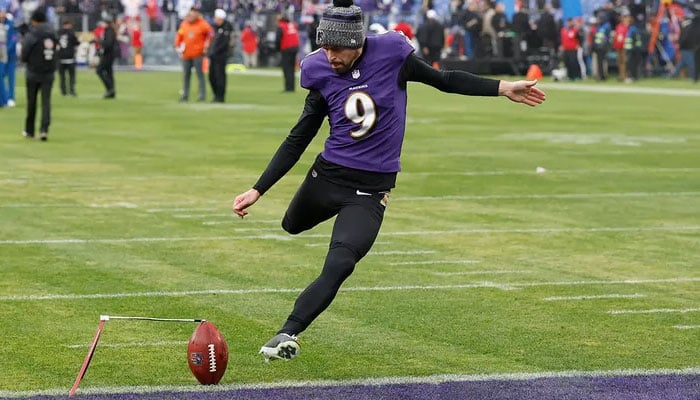Baltimore Ravens place kicker Justin Tucker warms up for the AFC Championship Game against the Kansas City Chiefs at M and T Bank Stadium in Baltimore, January 28, 2024. — USA Today Sports