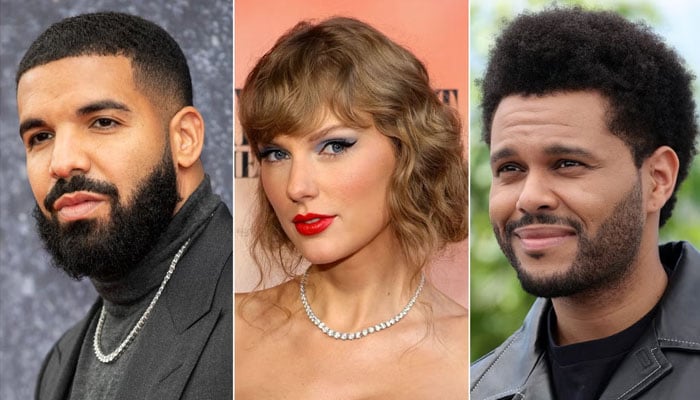 Taylor Swift, Drake and The Weeknd gesture during separate gatherings. — X/@grosbygroup