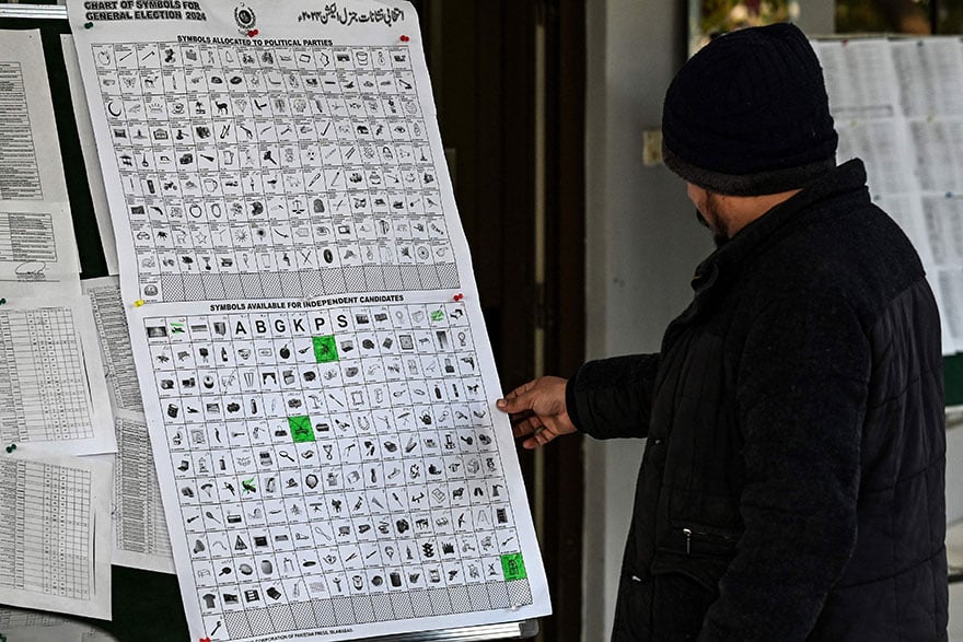 A man looks at a chart of symbols of political parties and independent candidates displayed at the election office in Rawalpindi on January 15, 2024, ahead of the general elections. — AFP