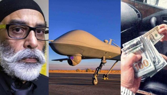 The picture is a collage of Gurpatwant Singh Pannun (L), a drone (C) and an unidentified person holding dollars (R). —Geo News reporter
