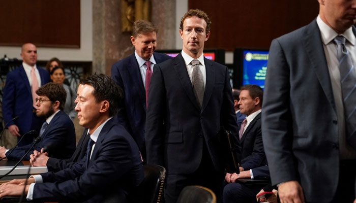 Metas CEO Mark Zuckerberg looks on during the Senate Judiciary Committee hearing on online child sexual exploitation at the US Capitol, in Washington, US, January 31, 2024. — Reuters