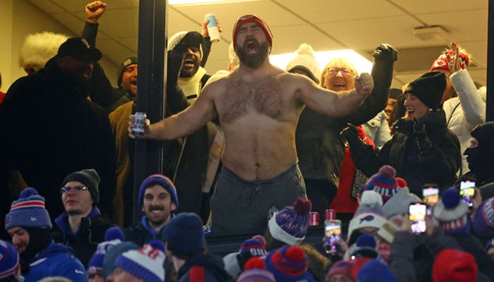 Jason Kelce reacts after the Kansas City Chiefs score against the Buffalo Bills during the first half for the 2024 AFC divisional round game at Highmark Stadium in Orchard Park, New York, US on January 21, 2024. — Reuters