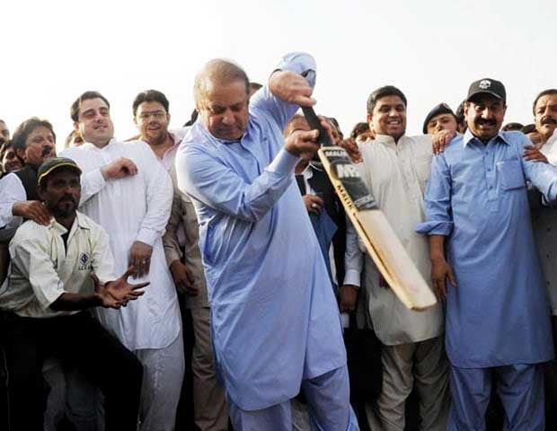 Former prime minister Nawaz Sharif is seen playing cricket in this photo taken in 2012. —SANA