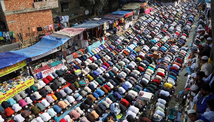 Muslims from around the world perform Friday prayer on the street during Bishwa Ijtema in Tongi on the outskirt of Dhaka, Bangladesh, on 10 January 2020. —Reuters
