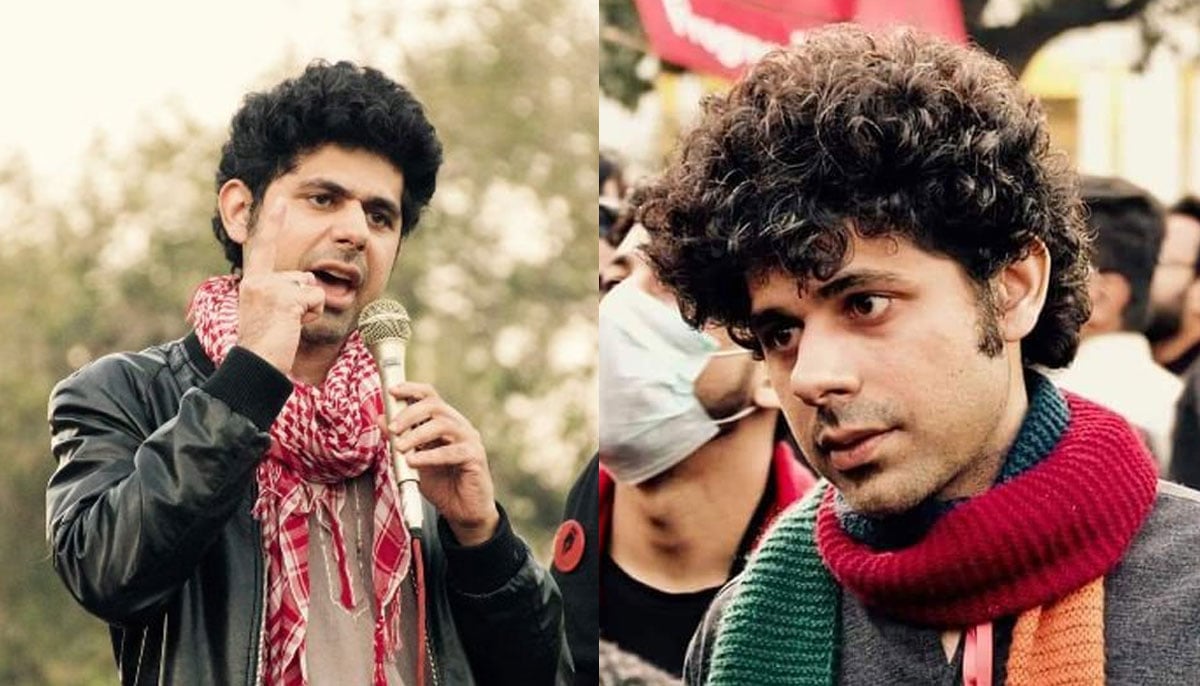 Ammar Ali Jan speaks at a protest and attends a rally in these undated photos.—Xammaralijan
