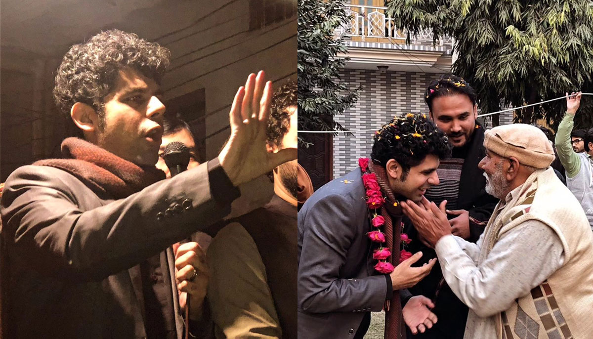 Ammar Ali Jan addresses a corner meeting (L) and greets an elderly citizen (R) in these undated photos.—Instagram@ammarjan43