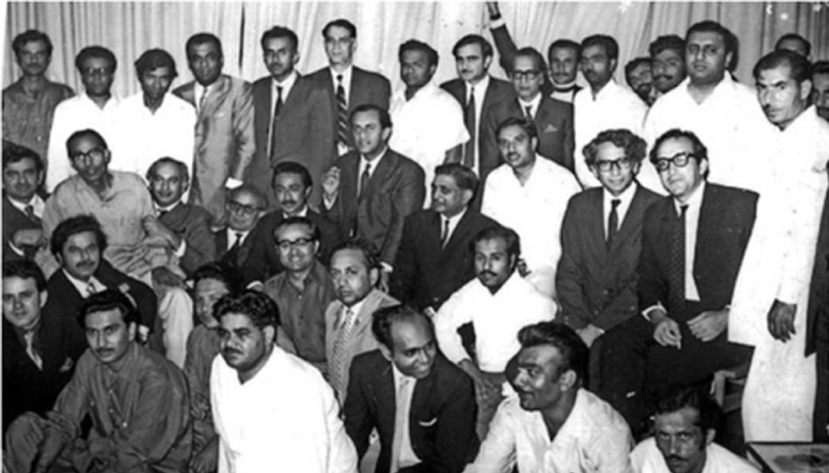 Zulfikar Ali Bhutto poses for a photo with the founding members of the Pakistan Peoples Party at its first convention at the house of Dr Mubashar Hasan in Lahore on 30th November 1967.—Dr Ghulam Nabi Kazi via Beenasarwar.com