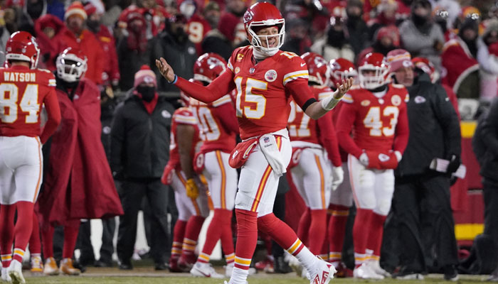 Kansas City Chiefs quarterback Patrick Mahomes (15) reacts during the first half of the 2024 AFC wild card game at GEHA Field at Arrowhead Stadium in Kansas City, Missouri, US on January 13, 2024. — Reuters