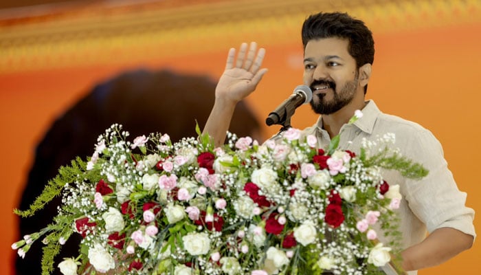 Tamizha Vetri Kazhagam (TVK) party chief and Tamil actor Vijay makes an address. — X/@actorvijay
