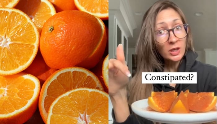 This combination of images shows oranges and a screengrab of Bethany, the Instagrammer whose constipation cure which involves eating a whole orange with peels went viral. — Unsplash, Instagram/@lilsipper