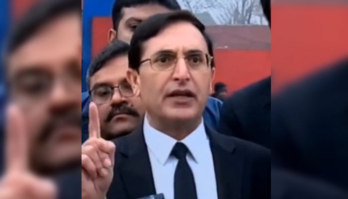 PTI leader Barrister Gohar speaking to the media outside Rawalpindis Adiala Jail on February 3, 2024, in this still taken from a video. — Geo News