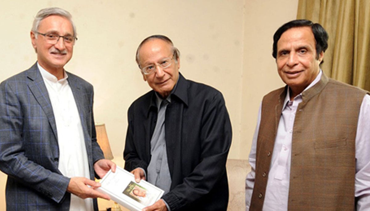 (Left to right) Jahangir Tareen, Chaudhry Shujaat Hussain, and Chaudhry Pervaiz Elahi pose for a photo in this undated picture. —PML-W