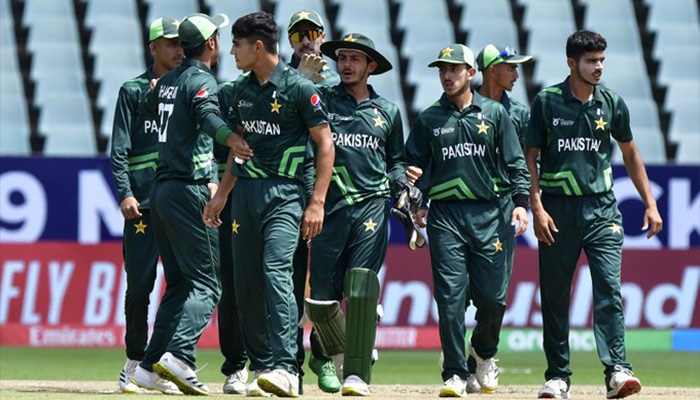 Pakistan U19 men’s cricket team during a 2024 ICC U19 World Cup match against Bangladesh played in Benoni, South Africa, on February 3, 2024. — X/@TheRealPCB
