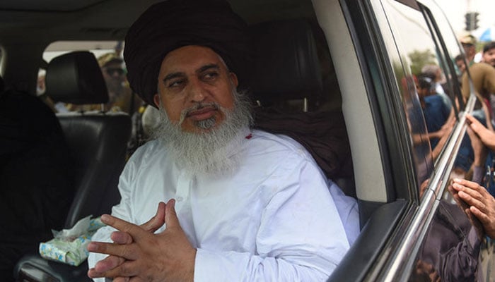 Khadim Hussain Rizvi (late), leader of the TLP, leads a rally during an election campaign in Karachi on July 1, 2018. — AFP