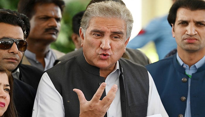 Pakistan Tehreek-e-Insaf (PTI) Vice Chairman Shah Mehmood Qureshi speaking to media persons in this undated photo. — X/@ZarlashtFaisal