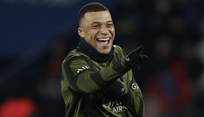 Paris Saint-Germains Kylian Mbappe during the warm-up before a Ligue 1 match against Brest at Parc des Princes in Paris, France on January 28, 2024. — Reuters