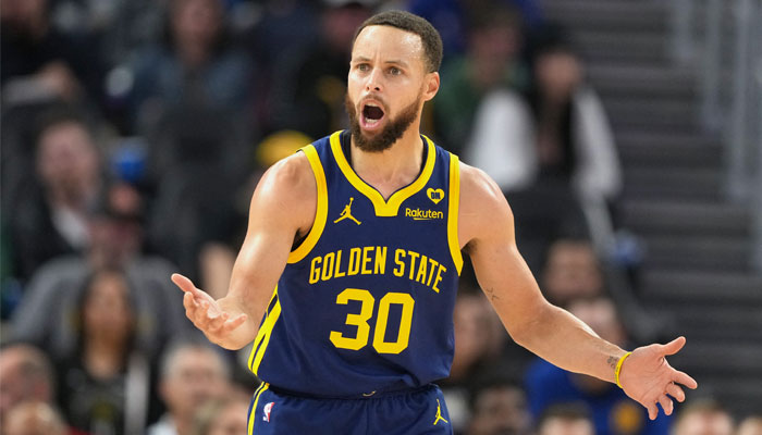 Golden State Warriors guard Stephen Curry (30) reacts after being called for an offensive foul during the second quarter against the Los Angeles Lakers at Chase Center in San Francisco, California, US on January 27, 2024. — Reuters