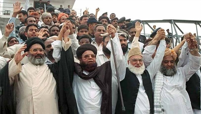 Leader of MMA, Molana Fazlur Rehman, Qazi Hussain Ahmed, Shah Ahmed Noorani and  Allama Sajid Ali Naqvi (Right to Left) in this undated photo.—Archives of Pakistan