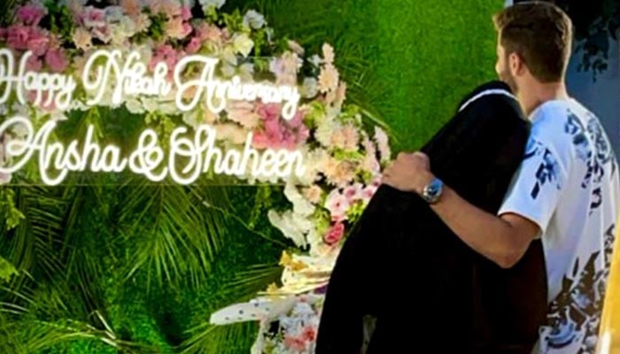 Pakistan T20 skipper Shaheen Shah Afridi stands with his wife Ansha Afridi in this undated photo. — Instagram/@ishaheenafridi10