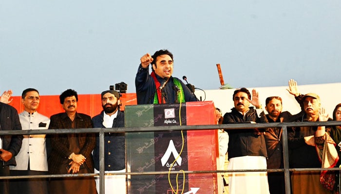 PPP Chairman Bilawal Bhutto-Zardari addresses a public rally in Hyderabad on February 4, 2024. —X/@MediaCellPPP