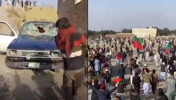 PTI workers clash with police officials in KPs Karak district on February 4, 2024, in these stills taken from videos. — Reporter
