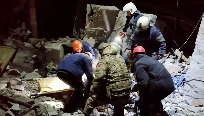 Emergency responders retrieve bodies from the rubble of a building after a Ukrainian attack in Lysychansk, in this screen grab obtained from a video released February 3, 2024. — Reuters
