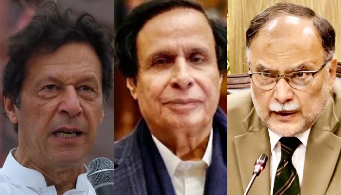 PTI founder Imran Khan, former Punjab CM Parvez Elahi and PML-N leader Ashan Iqbal. — Reuters/X/@SherdilPTIK/APP/File