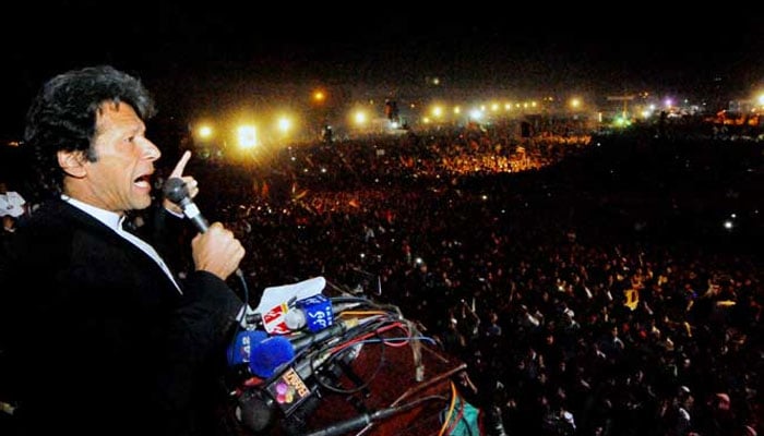 Pakistani politician and former cricketer Imran Khan addresses a rally in Lahore on October 30, 2010.—X@PTIofficial