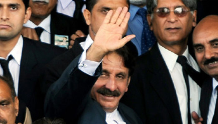 Former Chief Justice Iftikhar Muhammad Chaudhry waves to a gathering of lawyers in this undated photo.—Al Jazeera