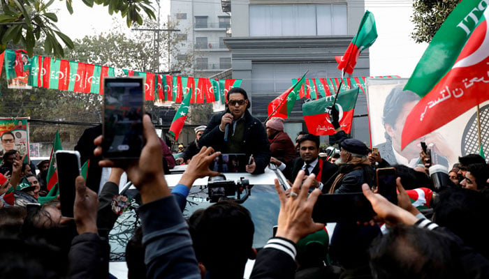 Salman Akram Raja, lawyer of former Prime Minister Imran Khan and candidate for National Assembly, speaks to supporters during a rally ahead of the general elections in Lahore, Pakistan January 28, 2024. — Reuters